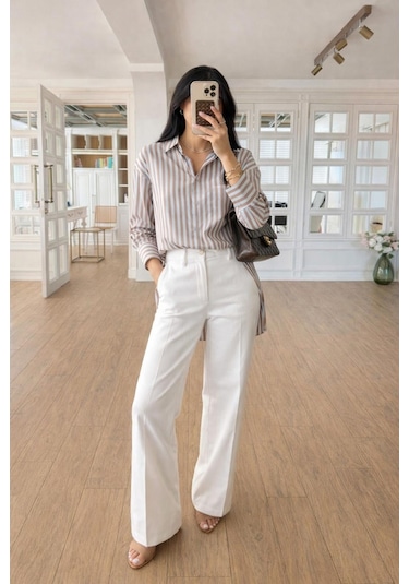 Lijuri Çizgili Oversize Basic Gömlek 3504 Mavi