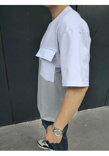 Unisex Torba Cep Detaylı Parçalı T-shirt - Gri Gri