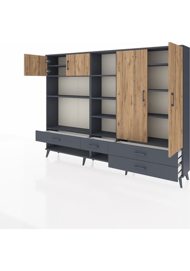 Arges Dolap 12 Raflı 4 Çekmeceli 4 Kapaklı 220x30x163 Antrasit-ça Antrasit-çam/antrasit