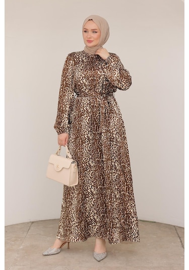 Armine Trend Leopar Desenli Beli Kemerli Elbise Kahverengi 24kt904 Kahverengi