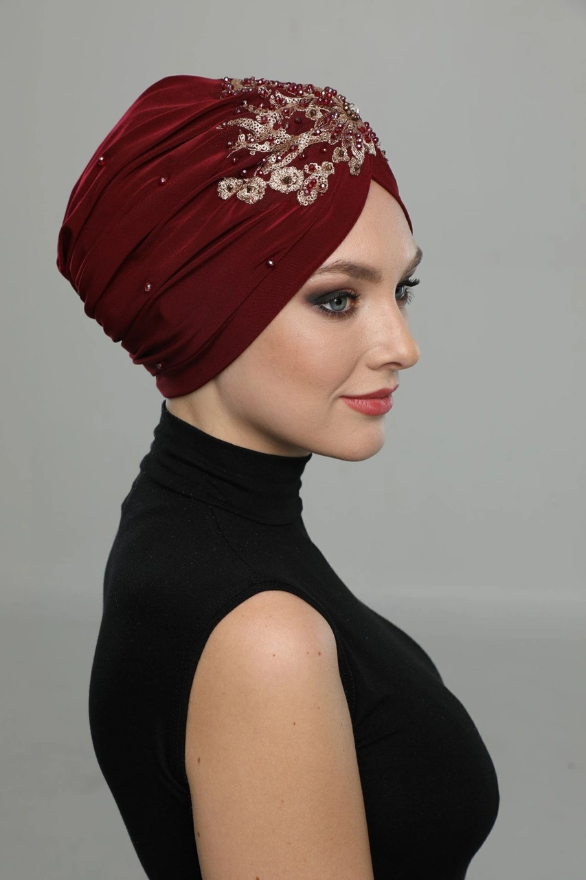 Kopma Astarlı Işlemeli Bordo Sırma Motifli Hazır Türban Tesettür Abiye Bone Bordo Sırma