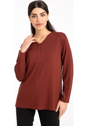 Kadın Orta Yaş ve Üzeri Dört Mevsim V Yaka Rahat Kalıp Likralı Viskoz Anne Penye Bluz 140-Taba