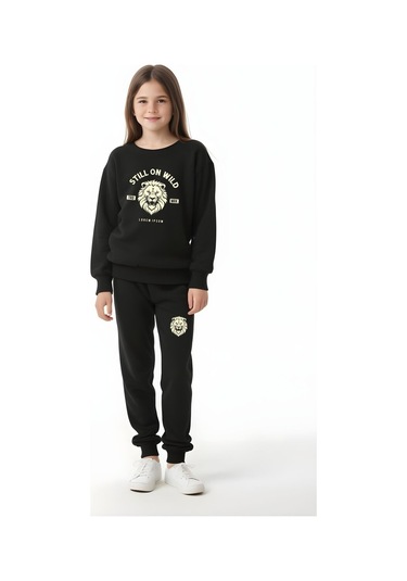 Fyk Kids Kız Çocuk Yuvarlak Yaka Aslan Baskılı Eşofman Takımı Siyah