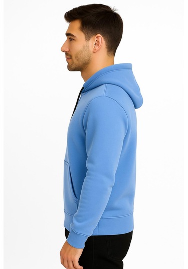 Axxel Erkek Mavi Fermuarlı Kapüşonlu Sweatshirt 3 İplik Şardonlu-w590 Mavi