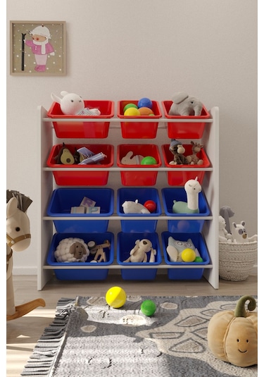 12 Sepetli Çok Amaçlı Oyuncak Dolabı Montessori Dolap Kırmızımavi Kırmızı - Mavi