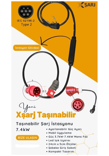 Xsarj 7 Kw Taşınabilir Type-2 Ac Şarj İstasyonu 5 M+ Dönüştürücü