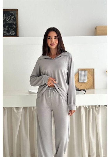 Neşeli Butik Kadın Polo Yaka Modal Uzun Kollu Eşofman Takımı Nbtg108 Açık Gri