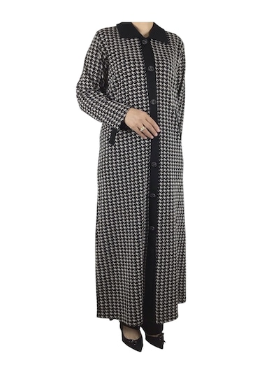Kadın Desenli Önü Düğmeli Cepli Çelik Örgü Pardesü Siyah