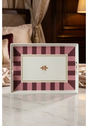Makri Home Çizgili Desenli Servis Tepsisi 38x28x3,5 Cm, Bordo Bordo