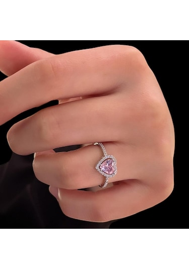 Pembe Zirkon Taşlı Kalp Gümüş Yüzük - 14 Beyaz