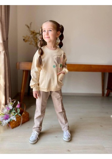 Kız Çocuk Kalp Baskılı 2'li Takım. Pamuklu Mükemmel Kalite Bej
