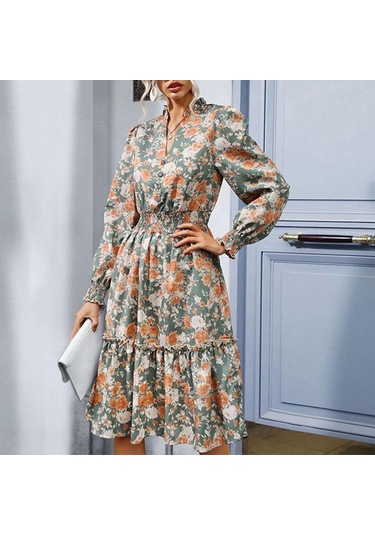 Bahar Kadın Elbise Mizaç Zarif Baskılı Uzun Kollu Çiçekli Elbise Mavi