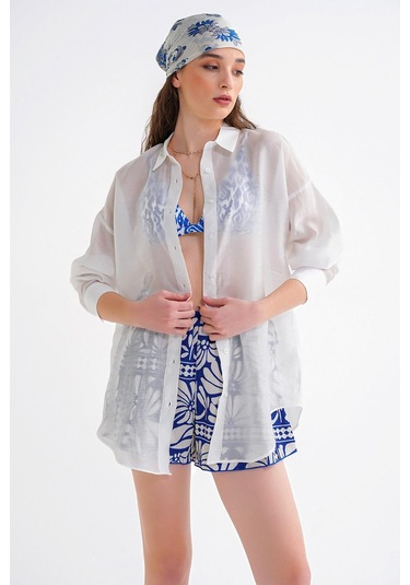 4667 Kadın İnce Oversize Modal Gömlek Beyaz Beyaz