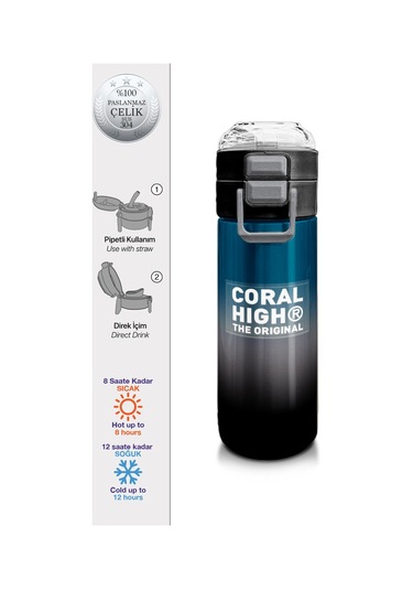 Coral High Kids Nefti Gri Renk Geçişli Pipetli Ve Direkt İçim Çelik Termos 500 Ml 31855 Gri - Yeşil
