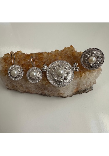 İnci Ve Zirkon Taşlı Gümüş Set Takım 925 Ayar 23,48 Gram