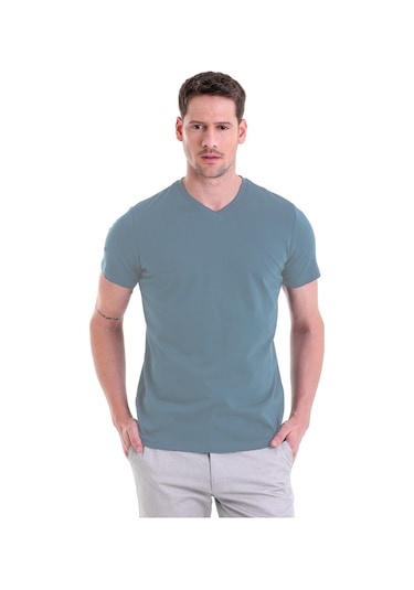 Hatemoğlu Indigo Düz Slim Fit 100% Pamuk V Yaka Tişört İndigo