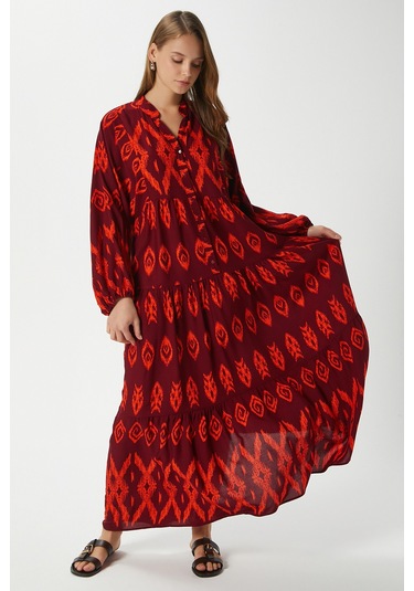 Modest Megan Turuncu Kadın %100 Viskon Maksi Boy Katlı Balon Kol Uzun Yazlık Elbise Turuncukırmızı