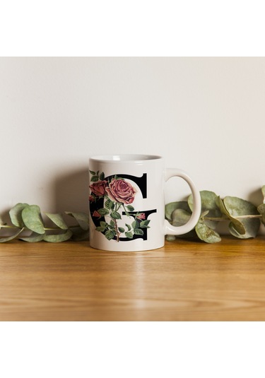 G Baş Harf Kırmızı Güller İle Sarılı Bardak 330 Ml Kişiye Özel Çiçekli Hediye Beyaz