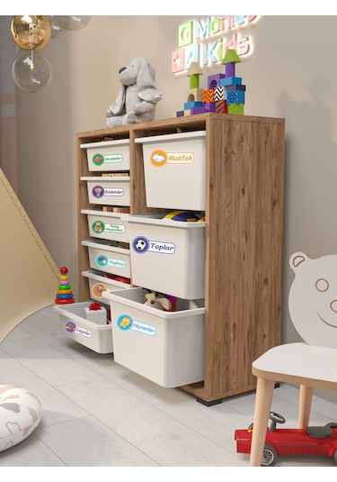 Beyza 9 Sepet Stickerlı Çok Amaçlı Dolap Oyuncak Dolabı Çam Atlantik Çam