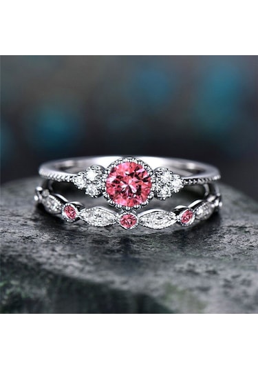 2 Pcs/set Women Fashion Zircon Gemstone Ring 7 Pink Çok Renkli