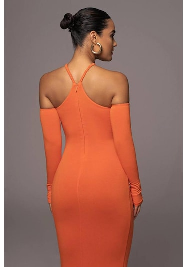 Uzun Göğüs Dekolte Elbise-Turuncu