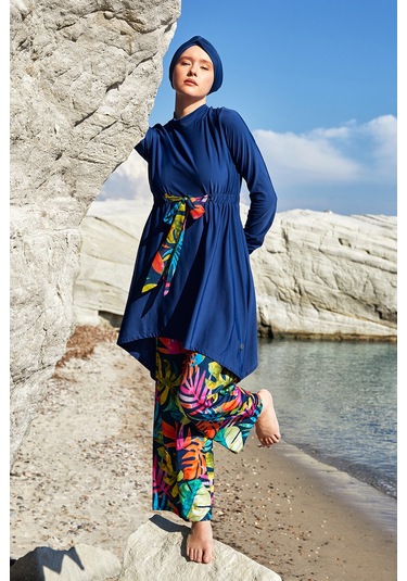 Likralı Bol Paça Tam Kapalı Tesettür Mayo Bloom 1119 Açık Lacivert Açık Lacivert