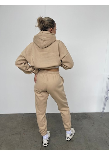 Kelebek Kışlık Eşofman Takımı - Bej Baskılı Kapüşonlu Oversize Bej