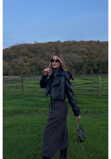 Siyah Apolet Detaylı Tasarım Deri Ceket Siyah