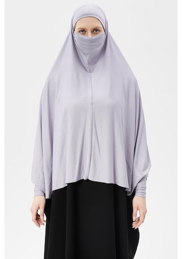 Kollu Sufle Çarşaf Üstü Peçeli Pratik Tesettür Hijab - Nikaplı Namaz Örtüsü Gri