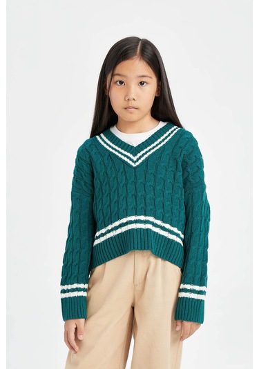 DeFacto Kız Çocuk V Yaka Saç Örgülü Triko Kazak D6760A8NSGN383 Yeşil
