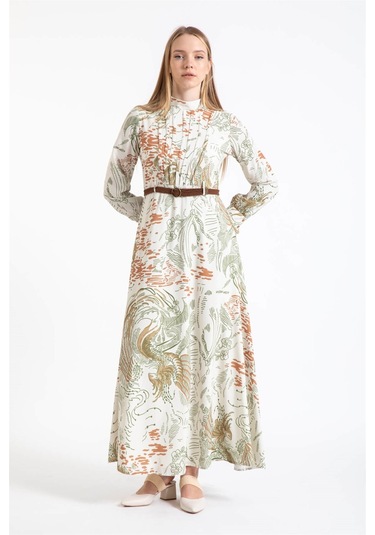 Hasır Örgü Kemer Detaylı Desenli Emprime Elbise Haki-haki Haki