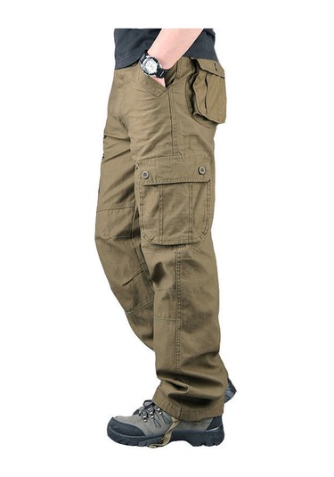 Aşınmaya Dayanıklı Çok Cepli Düz Bol Büyük Beden İş Pantolonu Haki