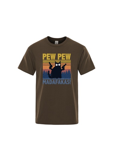 Teekossc Pew Pew Madafakas Erkek Kısa Kollu Komik Kedi T-shirt Vintage Yazlık Ekip Üstü Streetwear Chınamavi Mavi
