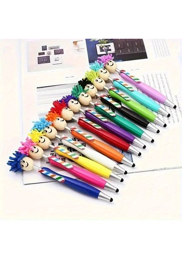 Bebek Kafası Peluş Çizgi Film Saç Paspası Kafası Gülen İfade Portre Tüylü Kafa Dokunmatik Ekran Silme Tükenmez Kalem 10个