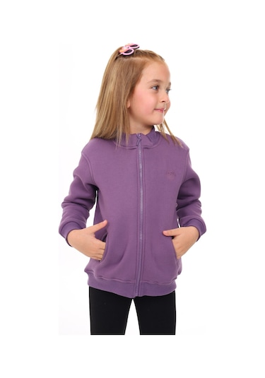 Toontoy Kız Çocuk Dik Yaka Fermuarlı Yarım Düşük Omuz Örme Hırka - 2 İplik Şardonlu Mor