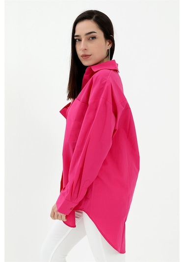 Tek Cepli Kolları Katlı Oversize Kalın Keten Gömlek - Fuşya-fuşya Fuşya
