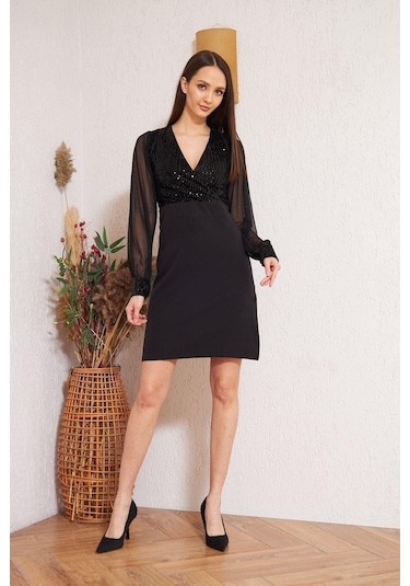 Darlin Moda Siyah Pullu Abiye Elbise Dm1015