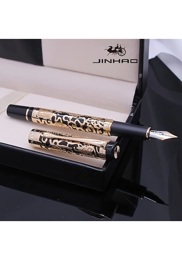 Oldfriend Jinhao 5000 Vintage Sarı Oyma Ejderha Lüks Dolma Kalem İnce Uç Hediye Sarı Oyma