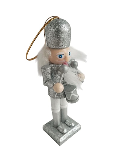 Kurşun Asker 13cm Simli Gri Üniformalı Davullu Yılbaşı Süsü