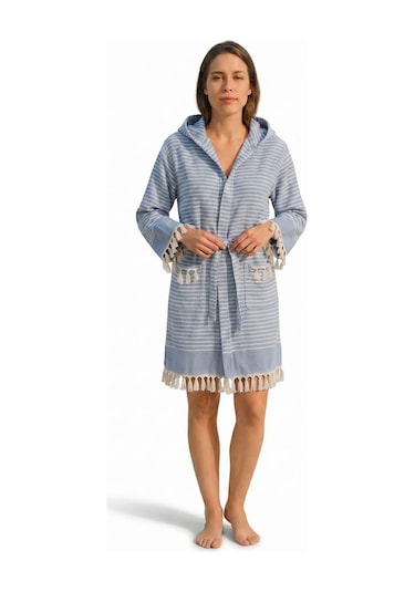 Kapşonlu Unisex Peştemal Plaj Bornozu %100 Pamuklu Seaside Stripe Mavi