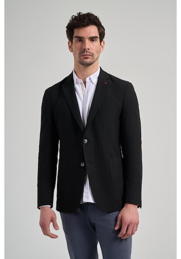 Çizgili Desen Gofreli Mono Yaka Esnek 6 Drop Slim Fit Ceket 1002250122 Siyah