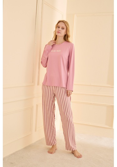 Mihra Kadın Pijama Takımı Uzun Kol Mevsimlik Pembe