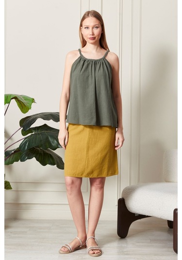 Şık Farklı Tarz Keten Işıl Bluz - Zarif Ve Modern Tasarım Haki