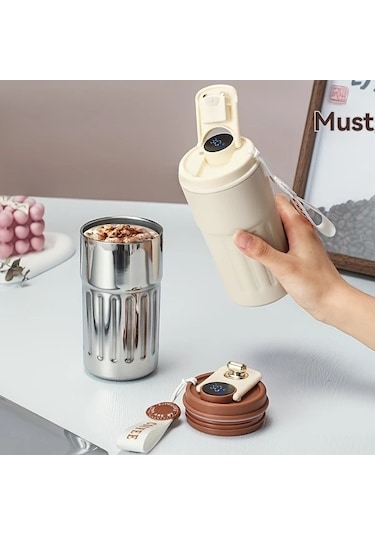 Trendooze Sunshine022 Kahverengi Çok Renkli Çizgili 472ml Paslanmaz Çelik Seyahat Termosu Dijital Sıcaklık Ekranlı Bpa İçermez Kahverengi
