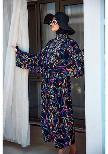 Remsa Tesettür Mayo Üzerine Tek Kaftan Kimono Pareo Siyah04 Rp035 Yağmur Lacivert