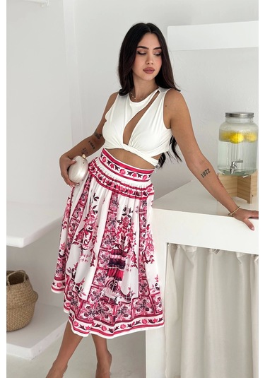 İthal Krep Kumaş Desenli Etek Pembe Mavi