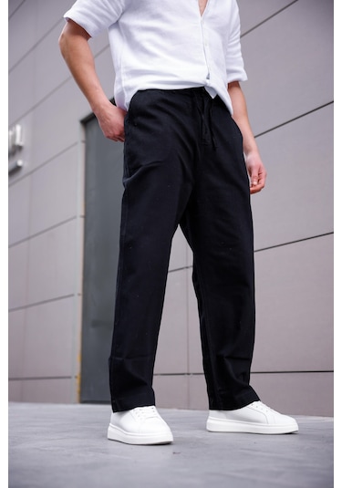 Keten Baggy Siyah Renk Erkek Pantolon-1763 Siyah