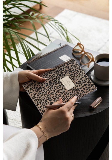 A5 Spiralli Karton Kapak 2 Li Set Kareli Okul Defteri 80 Yaprak, Ders Programlı Leopar