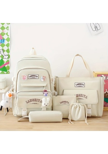 Honeybeeshop Mavi Kolye Ucu 5li Duz Renk Canvas Okul Cantasi Seti Buyuk Kapasiteli Sirt Cantasi