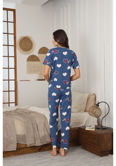 Kadın Yazlık Kısa Kol Penye Süprem Kumaş Pijama Takımı Mavi Kalpli